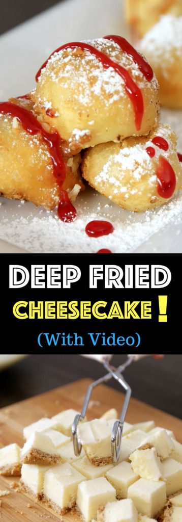 Crispy & Creamy Fried Cheesecake – Crispy outside and creamy inside! you can’t resist this delicious dessert made with your favorite frozen or leftover cheesecake. It only requires a few simple ingredients: flour, baking powder, salt, sugar, milk and oil. So good! Quick and easy recipe. No bake dessert. Vegetarian. Video recipe. | izzycooking.com #friedCheesecake