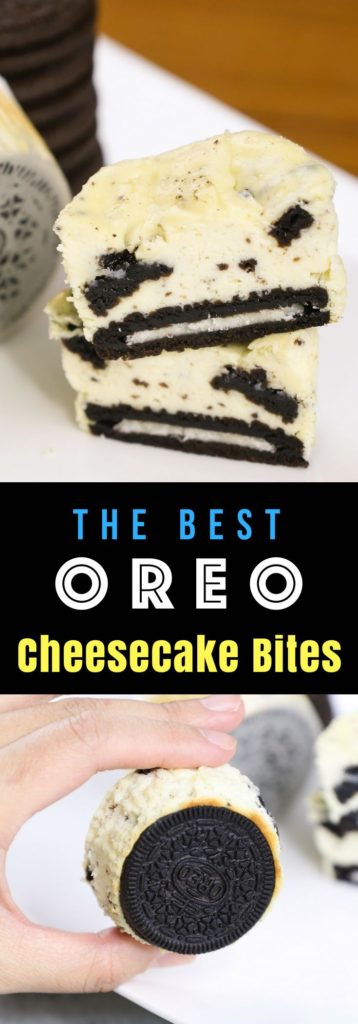 The most incredible Oreo Cheesecake Bites – creamy and soft cheesecake with a delicious oreo crust at the bottom. They are so easy to make and a guaranteed hit at any parties! #OreoCheesecake #MiniOreoCheesecake