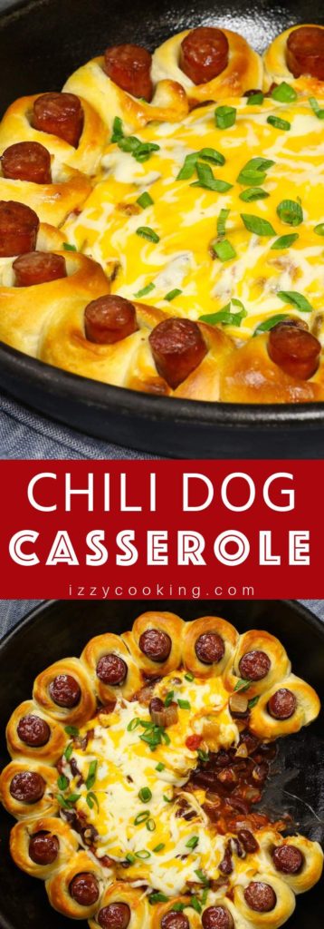 This Chili Dog Casserole is hot dog wrapped with biscuit dough, then baked in a homemade chili sauce with shredded cheese.