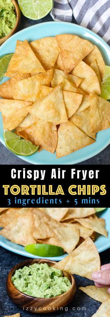 The best ever super crispy and crunchy Air Fryer Tortilla Chips without oil! You’ll only need 3 ingredients and a few minutes! #AirFryerTortillaChips #EasyAirFryerRecipes
