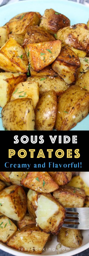 Garlic Herb Sous Vide Potatoes are so creamy, fluffy, and loaded with flavor. This simple and delicious side dish recipe takes a few minutes to prepare, then the sous vide machine will do the rest of the work and cook the potatoes to perfection! #SousVidePotatoes