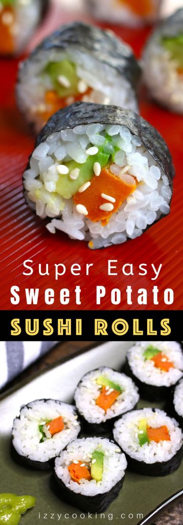 Sweet Potato Sushi Rolls are filled with roasted sweet potatoes and creamy avocado, then rolled in a nori seaweed sheet! It’s a kid-friendly vegan recipe that’s easy to make at home. I’ll share with you my secret to making the best sweet potato sushi rolls, with step by step photos! #SweetPotatoSushiRoll #SweetPotatoSushi #VegetableSushiRoll