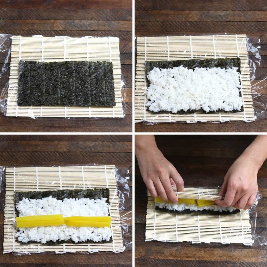 Photo collage showing how to roll up a sushi with 4 images.