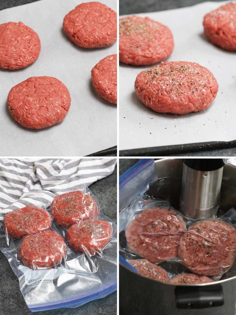 Collage de fotos que muestra cómo cocinar hamburguesas al vacío con fotos paso a paso.