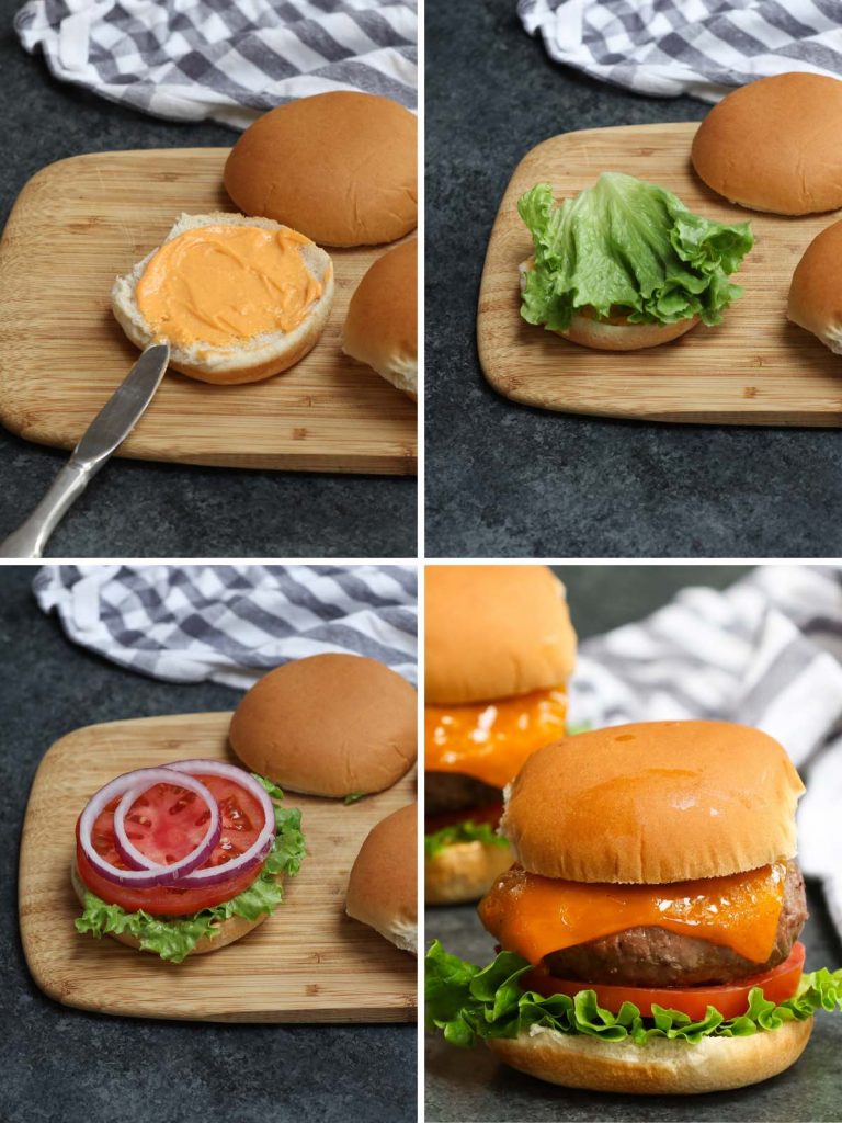 Photo collage showing how to build a hamburger with step-by-step images.