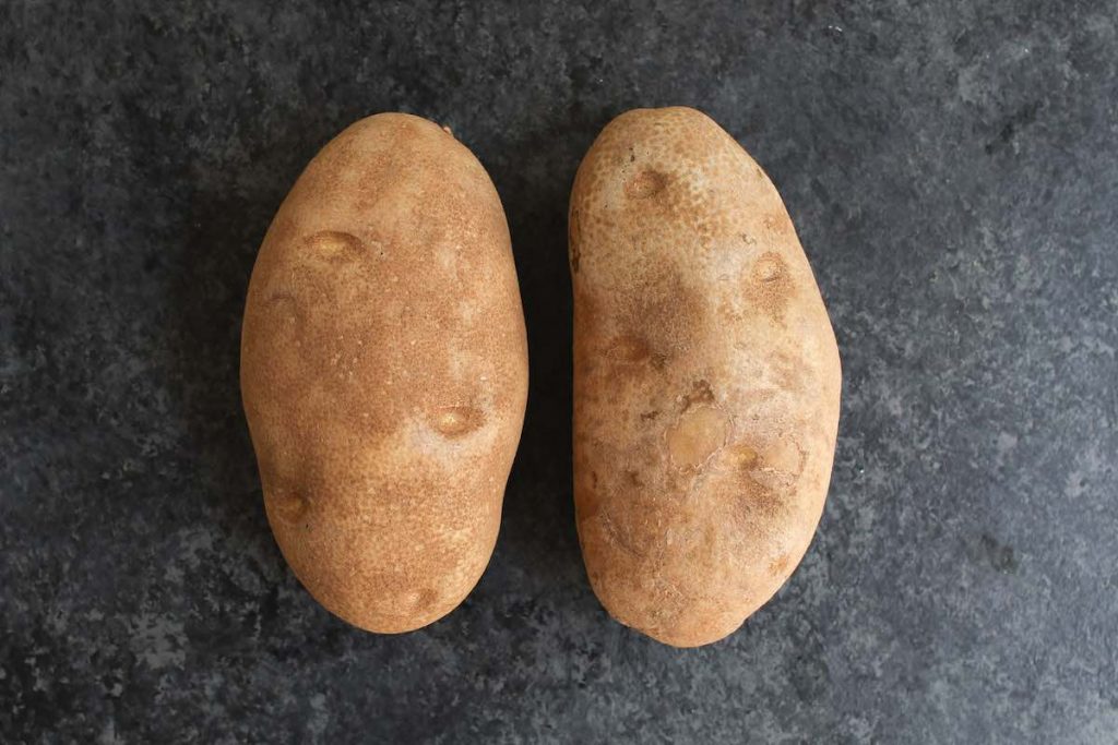 Two large Russet potatoes on the counter.