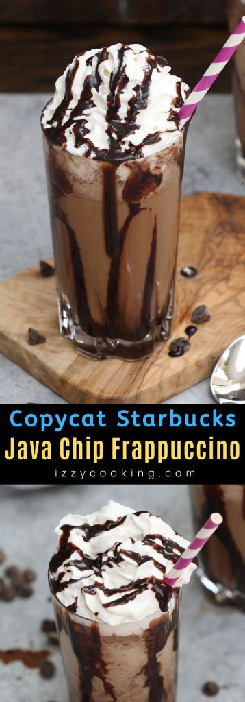 This copycat recipe for Starbucks’ Java Chip Frappuccino is the real deal! It gives you all the delicious flavor of the store-bought drink at the fraction of the price. Smooth, creamy, and full of chocolate and coffee flavor, this homemade Frappuccino takes less than 5 minutes with a few simple ingredients. #JavaChipFrappuccino #StarbucksFrappuccino #FrappuccinoRecipe