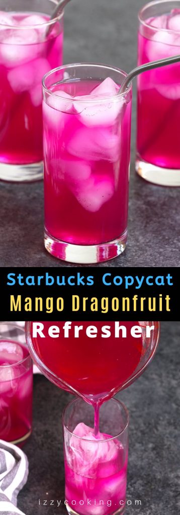 This Mango Dragonfruit Refresher brings your favorite coffee shop drink home! The Starbucks dragon drink copycat recipe gives you all the amazing flavor and beautiful pink color of the store-bought drink at the fraction of the price. It’s a perfectly refreshing fruity drink that takes less than 5 minutes to make with a few ingredients. It’s incredibly delicious with or without coconut milk! #MangoDragonfruit #MangoDragonfruitRefresher #StarbucksDragonDrink #Dragondrink