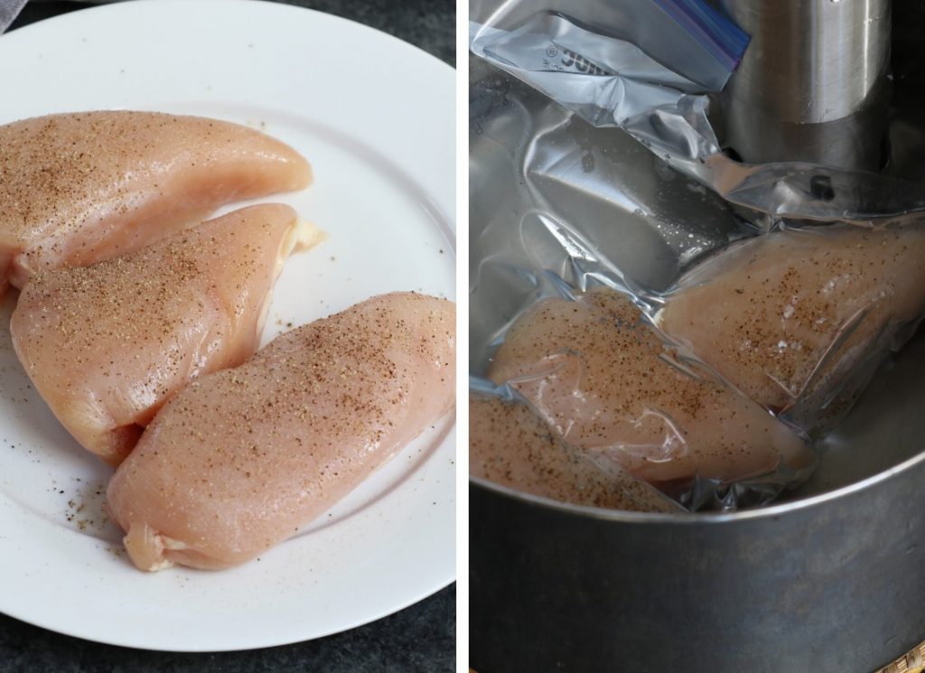 Collage de fotos que muestra cómo hacer pollo desmenuzado al vacío.