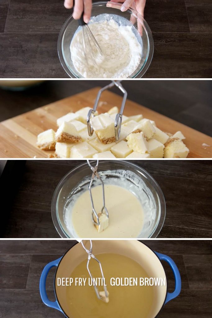 Photo collage showing how to deep-fry cheesecake.