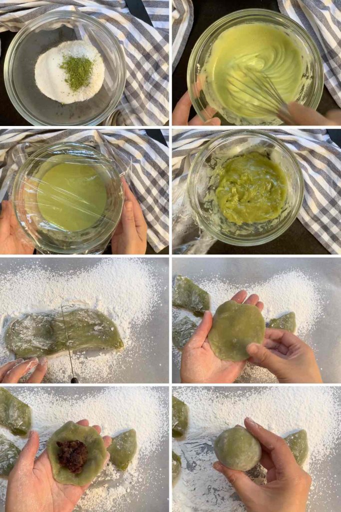 Photo collage showing how to make green tea mochi.
