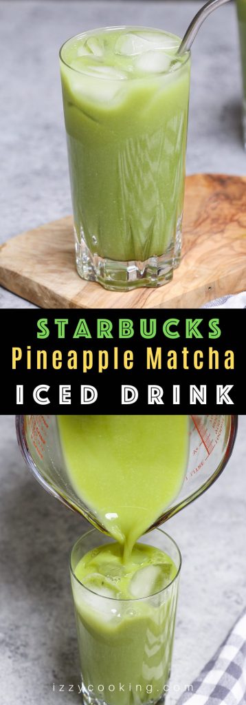 Have you tried the new Starbucks Iced Pineapple Matcha Drink? It’s incredibly refreshing with a beautiful green color. This copycat vegan green tea drink is a real deal and has the perfect blend of coconut milk, matcha green tea, pineapple, and ginger flavor. When making it at home, you can customize easily with your desired sweet level and make it with or without caffeine. #IcedPineappleMatchDrink #StarbucksPineappleMatcha