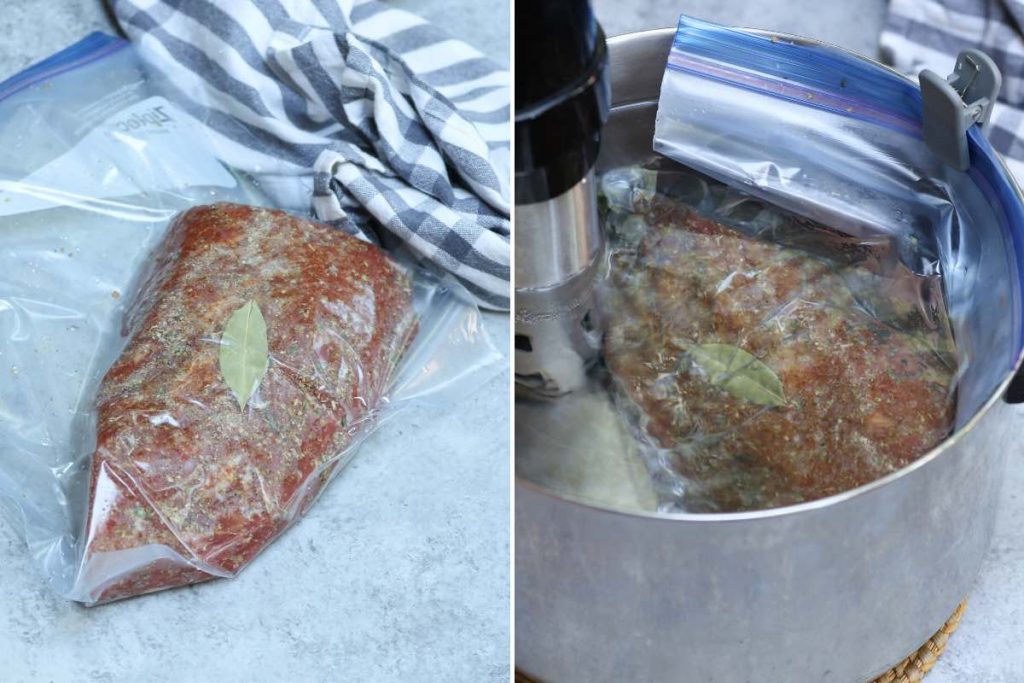 La foto de la izquierda muestra una punta triple sellada al vacío en una bolsa con cierre hermético; foto de la derecha que muestra la cocción al vacío tri tip en el baño de agua.