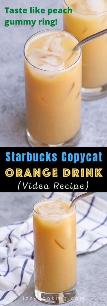 This new Orange Drink from Starbucks’ secret menu tastes like Peach Gummy Rings! It’s made with black tea lemonade, peach juice, and soy milk. We’ve created this homemade iced beverage to brighten up your day and it tastes like the real thing. A perfect and refreshing drink for the summer! #OrangeDrink #StarbucksOrangeDrink