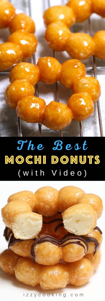 These Glazed Mochi Donuts are sticky, soft and chewy, so delicious and incredibly addictive! They taste like other Japanese mochi balls on the inside while crispy on the outside. You can glaze them with your favorite toppings: classic, matcha, or chocolate!  This foolproof recipe will satisfy those sweet tooth cravings. #MochiDonuts