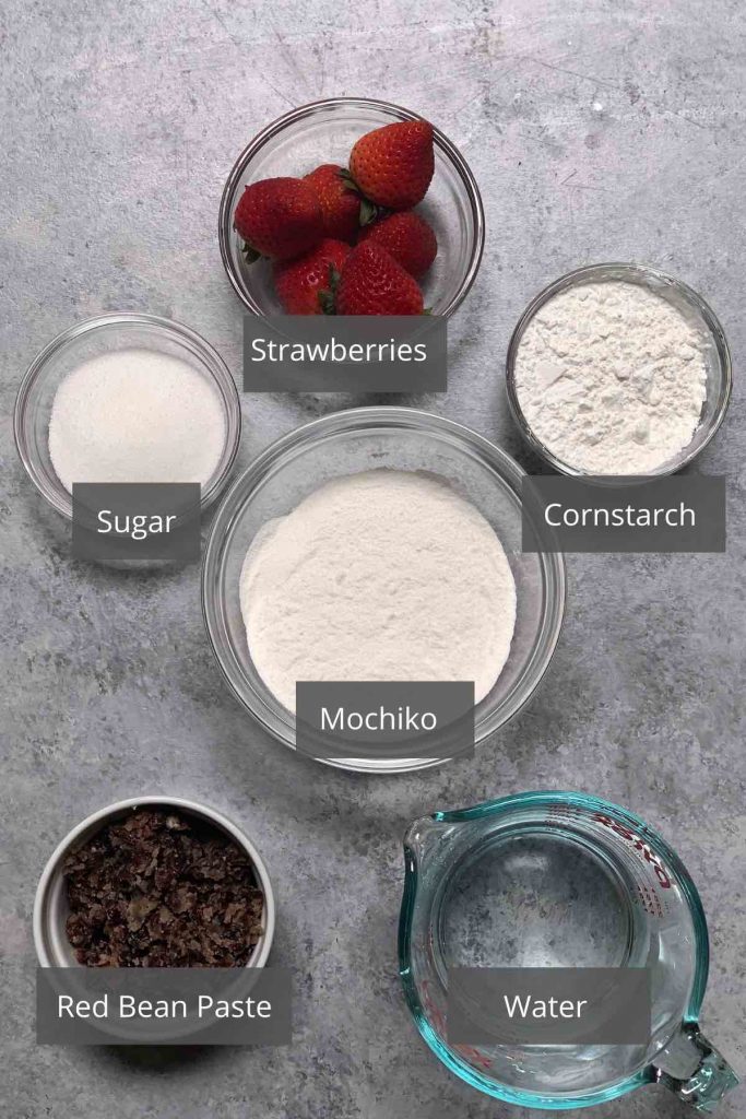 Strawberry mochi ingredients on the counter.