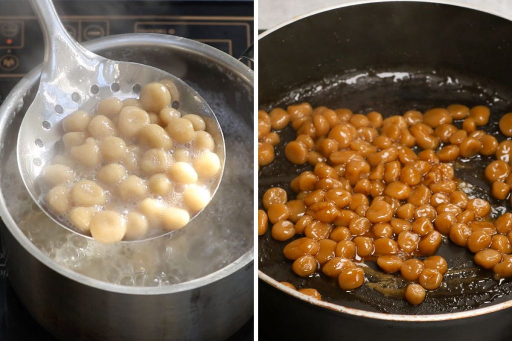 Cook Boba pearls and coat them with brown sugar.