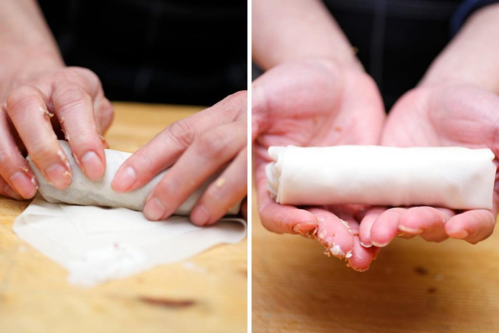 Photo collage showing how to wrap a spring roll.