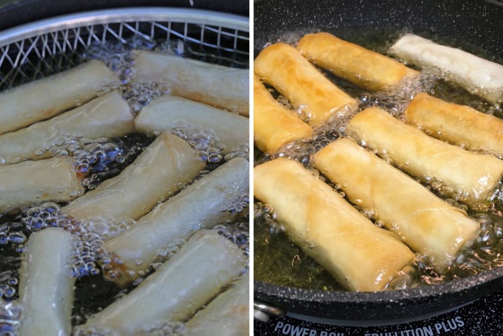 Photo collage showing deep frying harumaki rolls.