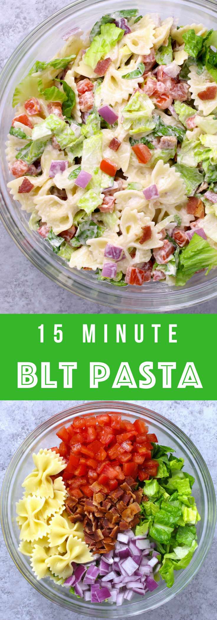 This BLT Pasta Salad is a refreshing and colorful salad and perfect for summertime BBQ or party! It’s one of the easiest pasta recipes and will be on your dinner table in 15 minutes. Your family and friends will ask for it again and again! #BLTPasta