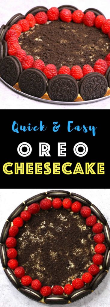 This Oreo Cheesecake is out of this world delicious, and it looks absolutely gorgeous too! I love Oreos and cheesecake, and this time I add raspberries. It totally melt-in-your-mouth and highly addictive! #OreoCheesecake