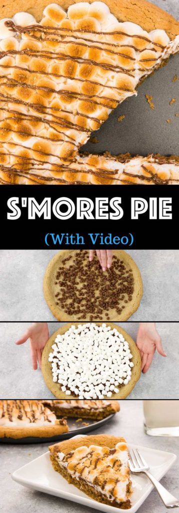 S’mores Pie / S’more Pizza is gooey, chocolatey, rich and crunchy making a perfect crow-pleaser. It’s such an easy recipe that takes less than 30 minutes. Who needs a campfire? The combination of graham cracker crust, toasted marshmallow and rich chocolate come together, in the form of a delicious pie. So good! Quick and easy recipe. | izzycooking.com #smoresPie #smoresPizza