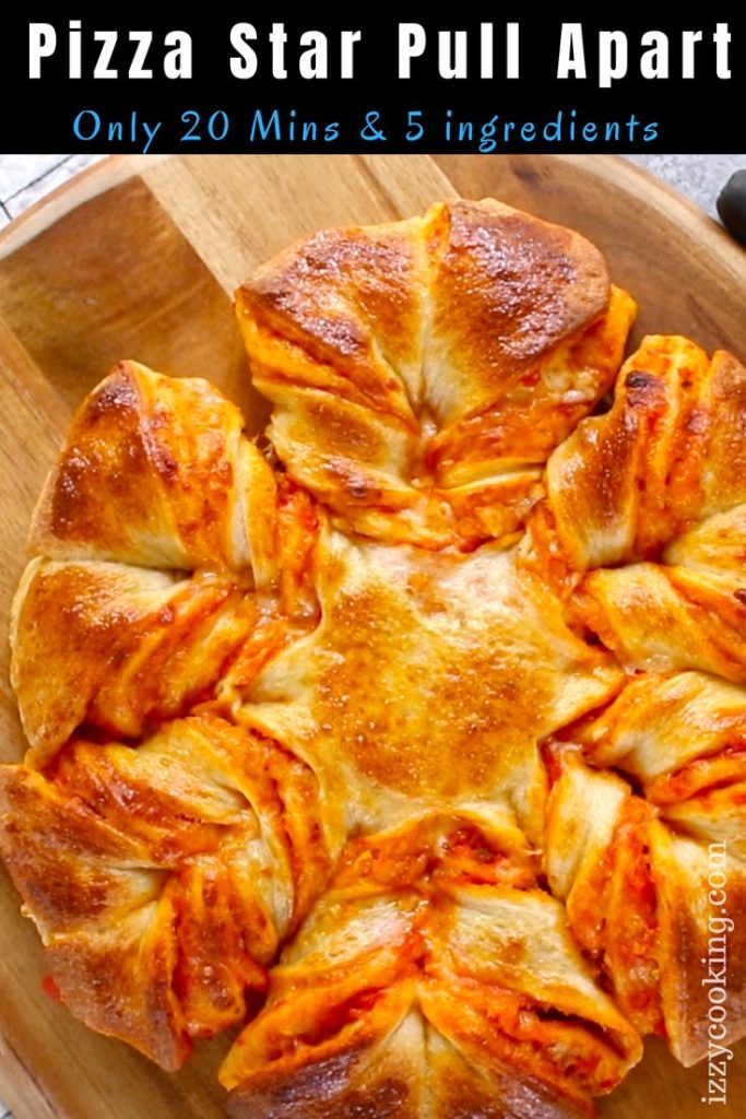 Pull Apart Pizza bread - Cheesy and pull apart Pizza! The easiest and fun pizza recipe with only 5 ingredients: refrigerated pizza dough, marinara sauce, shredded mozzarella, egg and water. Izzycooking.com #PullApartPizzaBread