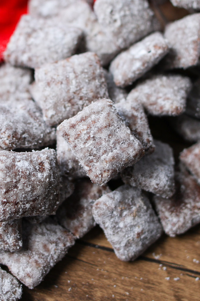 This 4-ingredient homemade puppy chow is full of crunchy cereal, covered with chocolate and peanut butter flavor!