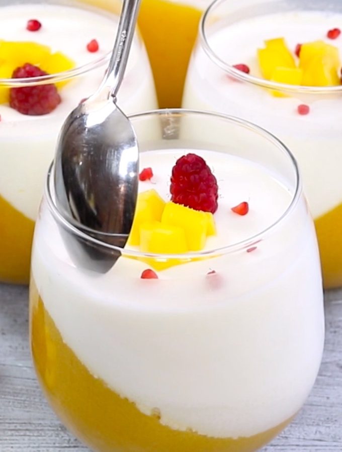 Mango Panna Cotta is a classic Italian dessert recipe with stunning mango layer and creamy vanilla panna cotta layer. This panna cotta recipe is the perfect make-ahead dessert and it’s the best mango recipe I’ve ever made!