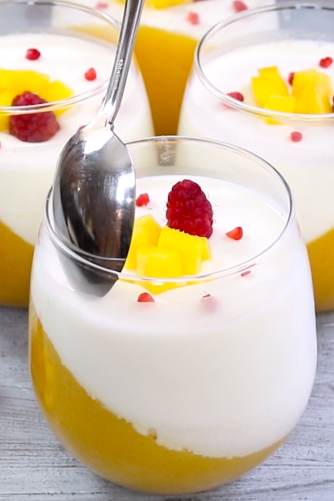 Mango Panna Cotta is a classic Italian dessert recipe with stunning mango layer and creamy vanilla panna cotta layer.  This panna cotta recipe is the perfect make-ahead dessert and it’s the best mango recipe I’ve ever made! 