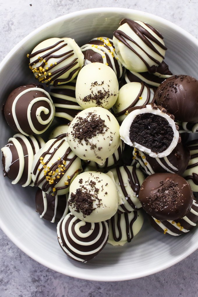 oreo cookie balls served in a white bowl