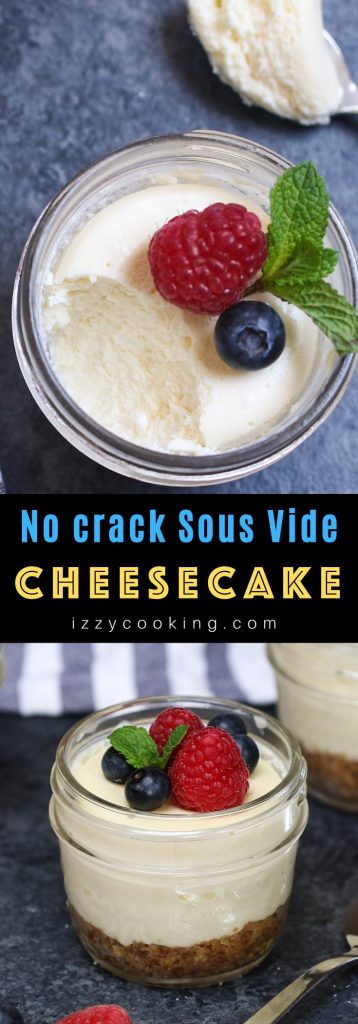 These Sous Vide Cheesecakes are creamy, rich, and smooth, with a graham cracker crust at the bottom for a classic treat! Made in mason jars, it’s an easy make-ahead dessert recipe with individual servings. The sous vide technique allows you to cook the cheesecake to the precise temperature you set, guaranteeing a perfect crack-proof texture every time!