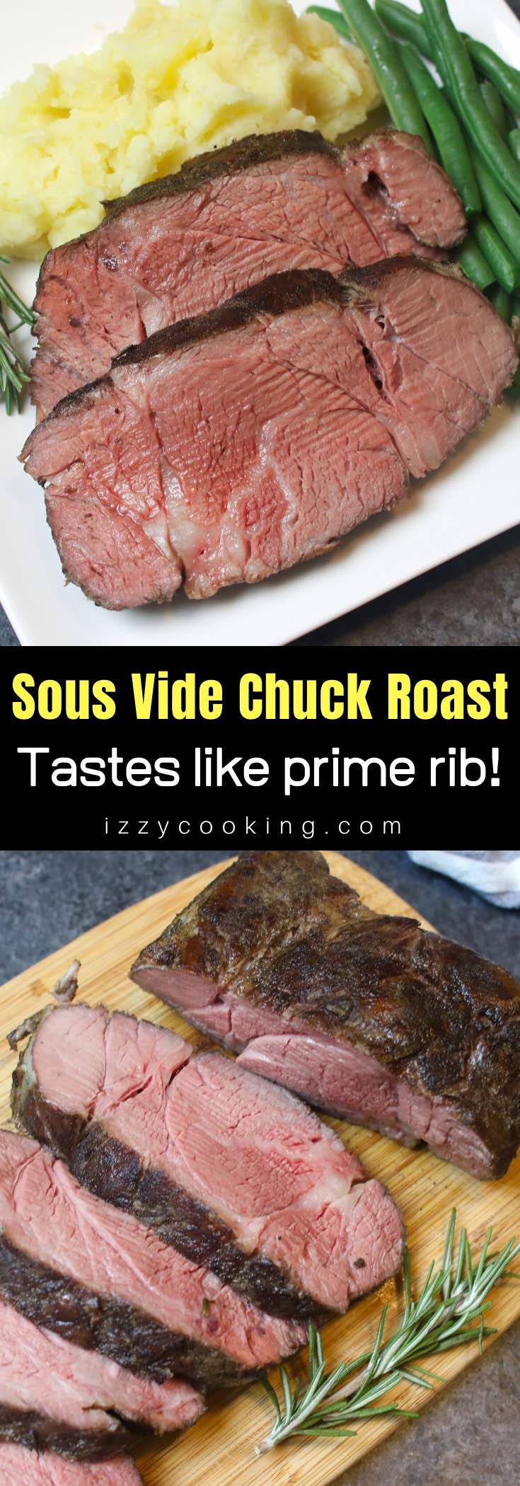 Sous Vide Chuck Roast is incredibly flavorful, tender and juicy, unlike the pot roast cooked the traditional way. Sous vide method transforms the cheap tough cut of a chuck roast into the most delicious beef roast that rivals the expensive prime rib. Oh my, it’s a game-changer! #SousVideChuckRoast #SousVidePotRoast #SousVideBeefRoast