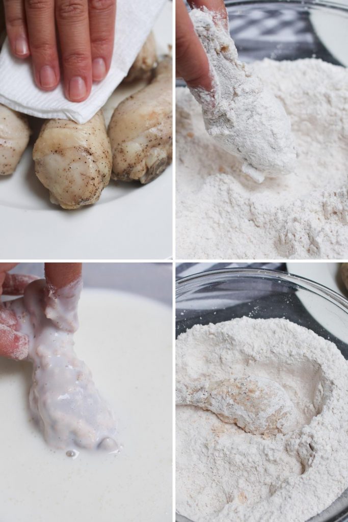 Double dredging process to coat the chicken drumsticks.