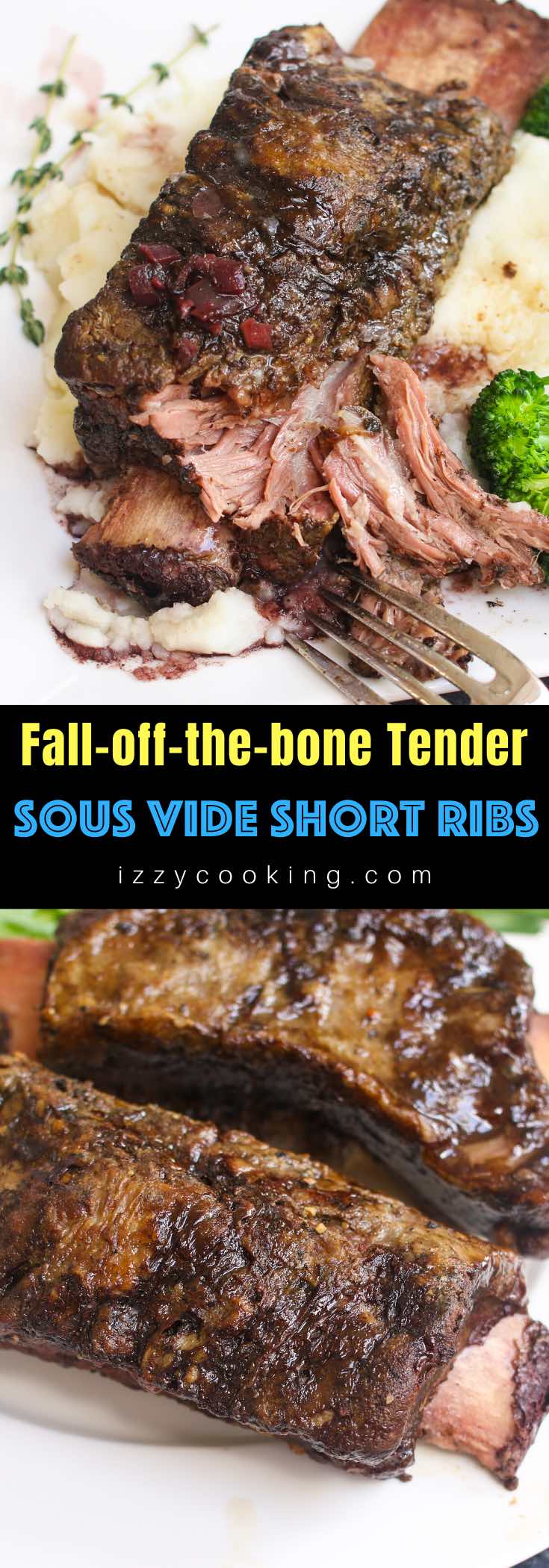 Sous Vide short ribs are fall-off-the-bone tender and unbelievably easy to make. Sous vide method is a perfect way to cook tough cuts such as beef ribs to the precise temperature you set, making the meat super tender. #SousVideShortRibs #BeefShortRibs