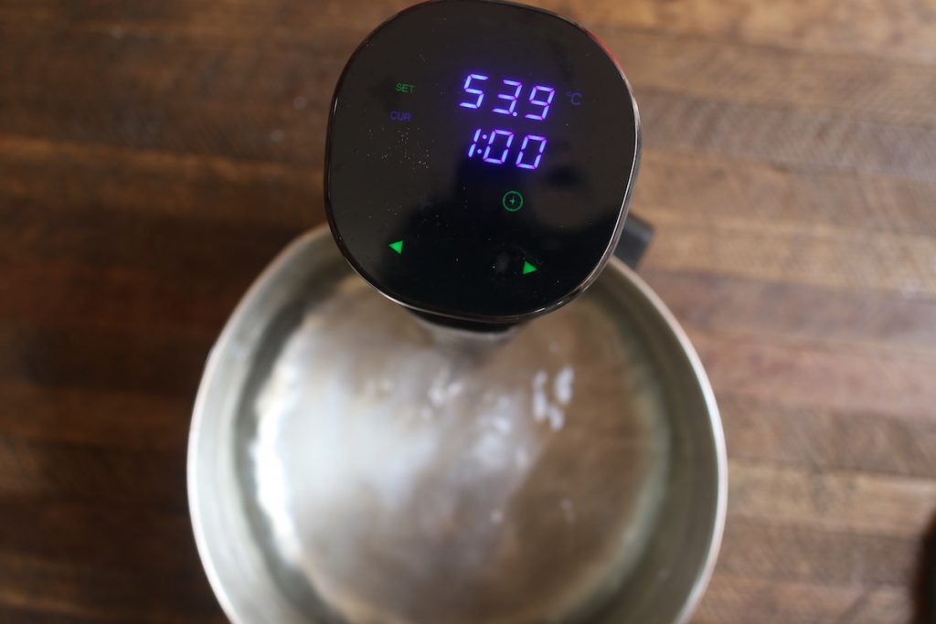 Set the Sous Vide Precision Cooker to 130°F (54°C) for medium or other desired doneness and set the time for 1 hours.