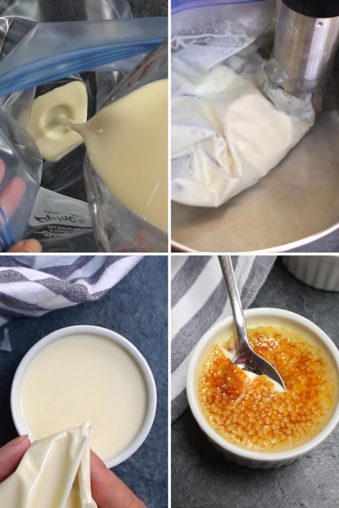 Step-by-step collage showing making sous vide creme brûlée in zip-lock bags.