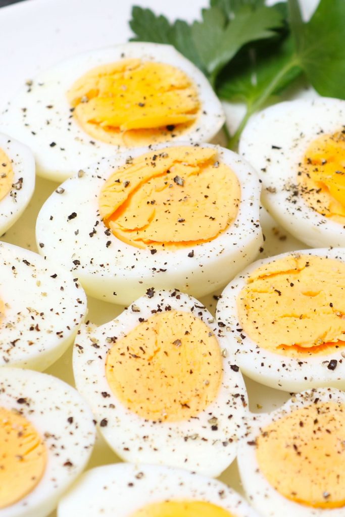 Air fryer hard boiled eggs seasoned with salt and pepper.