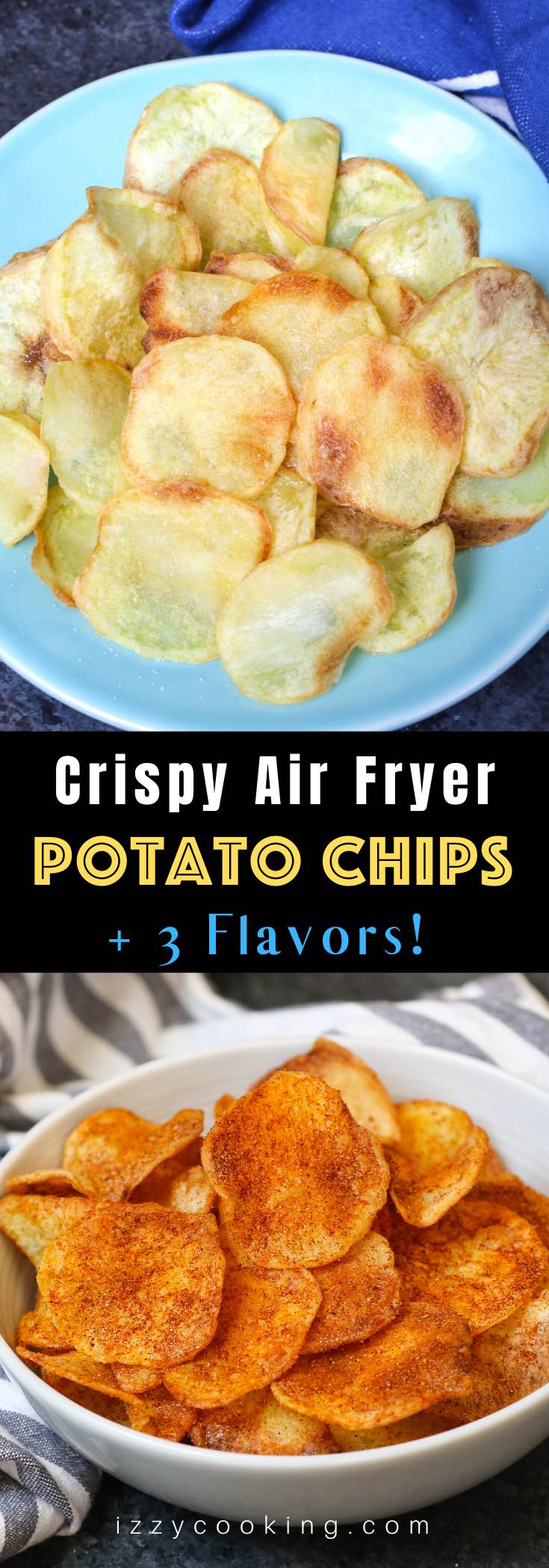 Crispy and healthy homemade Air Fryer Potato Chips made with only 3 ingredients. It's an easy and guilt-free recipe as you'll only need a small amount of cooking spray. Season them up the way you like. This crunchy snack tastes so good and you’ll never buy store-bought potato chips again!