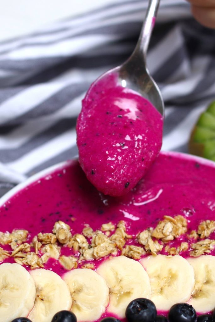 The BEST Dragon Fruit Smoothie recipe ever – creamy, healthy and packed with nutrients! It’s ready in less than 5 minutes, and made with almond milk so it’s naturally dairy-free and vegan. This refreshing smoothie has the vibrant pink color and is the perfect quick and easy breakfast, snack or dessert!