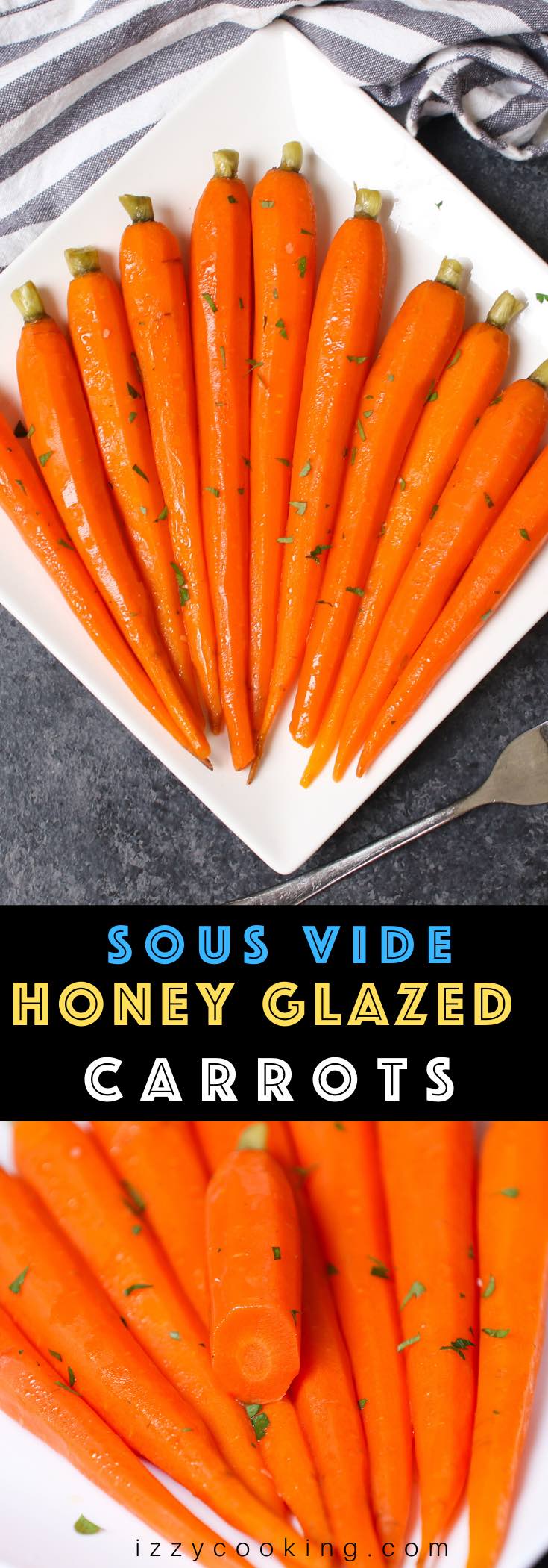 These Sous Vide Honey Glazed Carrots are tender and flavorful carrots simmered in a mixture of honey and butter, then topped with a sprinkling of parsley. The sous vide method transforms the carrots into the perfectly tender pieces. Sweet, savory and full of flavor, this recipe makes an amazing side dish for a holiday dinner or a week day meal. #SousVideCarrots