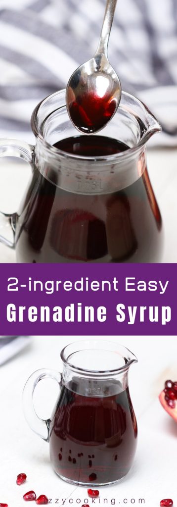 Learn all you need to know for how to make Grenadine Syrup for cocktails and drinks! With only 2 ingredients – pomegranate juice and regular sugar, this recipe shows you some easy tips to make this delicious sweet and tart non-alcoholic bar syrup, with a beautiful bright red color. #Grenadine #GrenadineSyrup #GrenadineRecipe