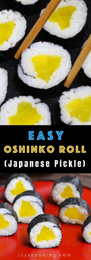 Oshinko is Japanese pickled vegetables packed with delicious flavors. My favorite is yellow radish (daikon) Oshinko – sweet, savory and refreshingly crunchy! They’re often rolled in sushi rice and seaweed sheet to make vegetarian Oshinko roll, or used as a side dish to accompany main dishes. #Oshinko #OshinkoRoll #OshinkoMaki #OshinkoSushiRoll