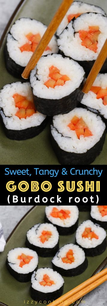 If you have never tried gobo in sushi, you are missing out! Gobo is the Japanese name for burdock root, which is a very popular ingredient in Japanese cuisine. It’s incredibly delicious and often used in sushi rolls, miso soup, kinpira, or other side dishes. My favorite is gobo sushi roll, where pickled gobo is rolled in sushi rice and seaweed sheet to make vegetarian rolls. Tangy, sweet and refreshingly crunchy! #GoboSushi #Gobo #BurdockRoot #GoboRecipe