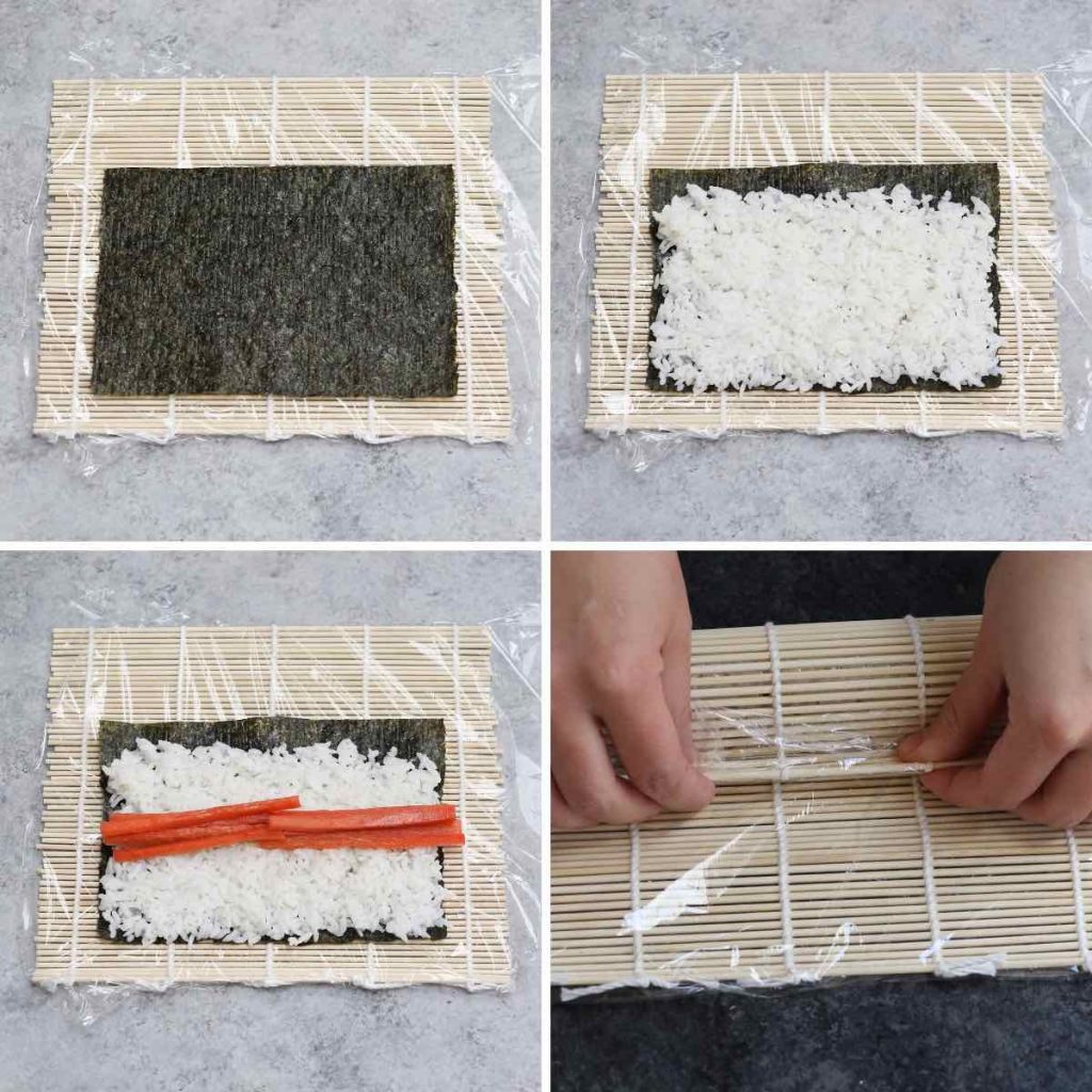 Photo collage showing how to make gobo sushi roll with step-by-step photos.