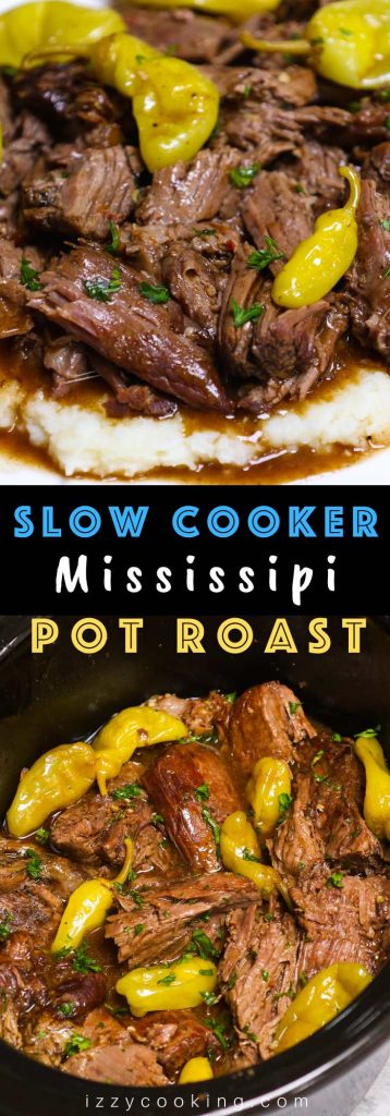 Ultimate Crockpot Mississippi Roast is amazingly juicy and fork-tender! It takes 10 minutes of prep in the morning and the roast is simmered in a rich and divine sauce all day in the slow cooker. Add some vegetables to the crockpot and you’ll have a perfect weeknight meal with build-in gravy. #MississippiRoast #MississippiPotRoast #SlowCookerMississippiPotRoast #CrockpotMississippiRoast