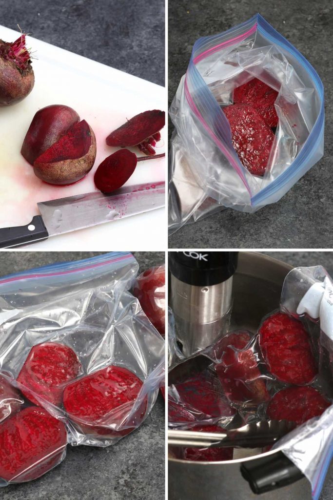 Photo collage showing how to prepare and sous vide cook beets.