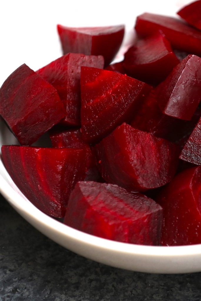 Diced sous vide beets in a bowl.