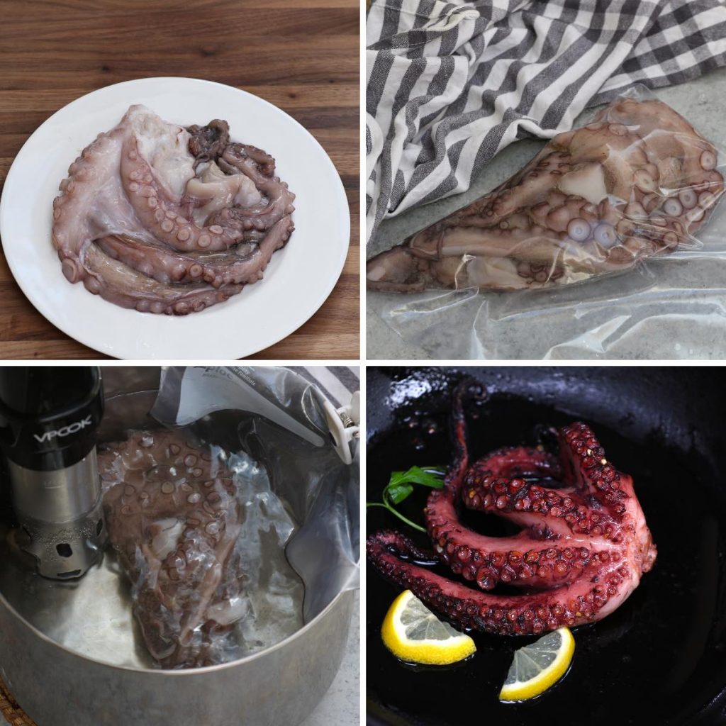 Photo collage showing how to make sous vide octopus with step-by-step photos.