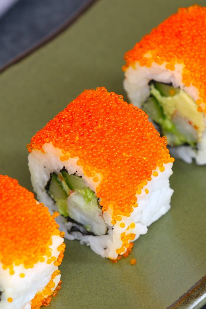 Tobiko is the Japanese word for flying fish roe, which is crunchy and salty with a hint of smoke. It’s a popular ingredient in Japanese cuisine as a garnish to sushi rolls. #tobiko #TobikoSushiRoll